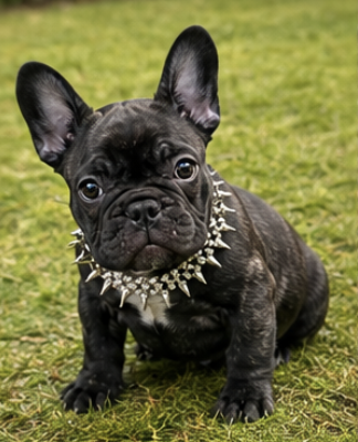 Black brindle female French Bulldog puppy sitting on grass