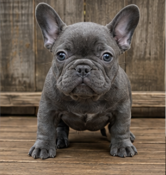 Blue female French Bulldog puppy standing on a wooden floor