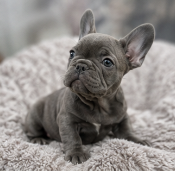 Blue female French Bulldog puppy sitting on a soft blanket