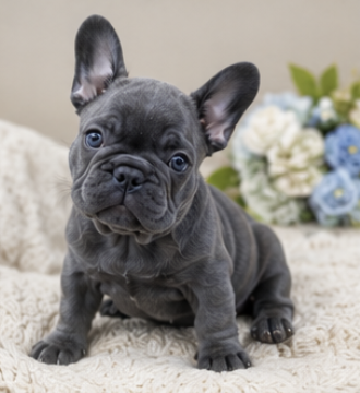 Blue female French Bulldog puppy beside blue and white flowers