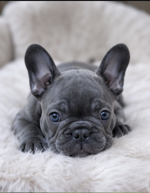 Blue female French Bulldog puppy resting on a white blanket