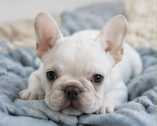 Cream female French Bulldog puppy resting on a blue blanket